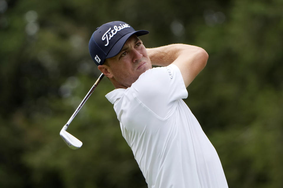 Justin Thomas tees off on the fifth hole during the final round of the Travelers Championship golf tournament at TPC River Highlands, Sunday, June 23, 2024, in Cromwell, Conn. (AP Photo/Seth Wenig)