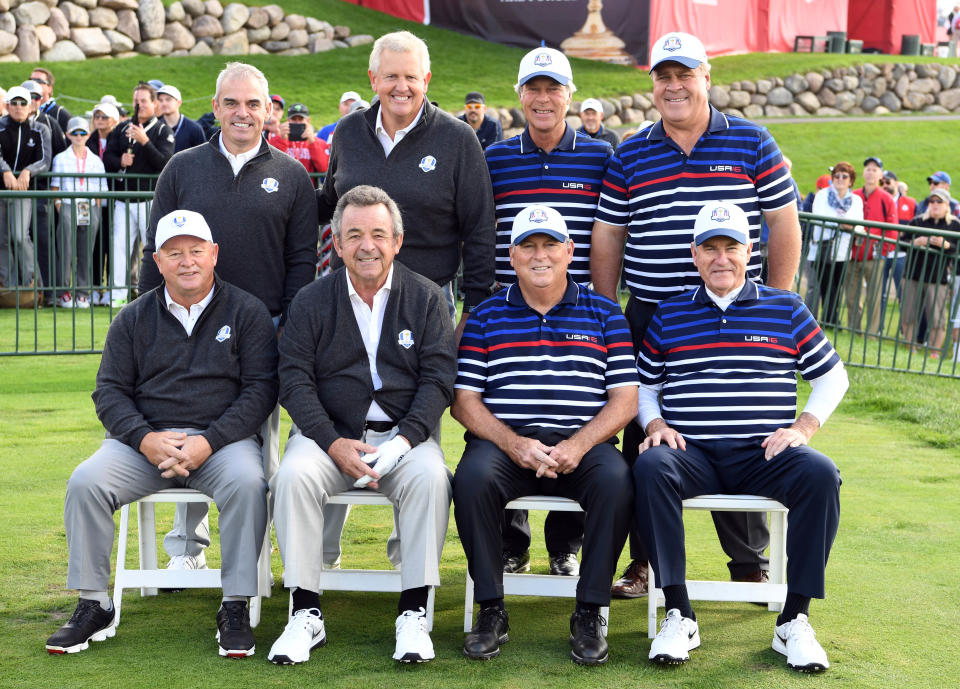 Former Cup captains (front from left) Ian Woosman, Tony Jacklin, Lanny Wadkins, Dave Stockton, (back from left) Paul McGinley, Colin Montgomerie, Ben Crenshaw and Hal Sutton pose for a picture during a practice round for the 41st Ryder Cup at Hazeltine National Golf Club. (Photo: John David Mercer-USA TODAY Sports)