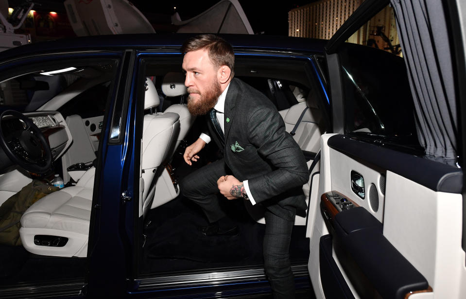 LAS VEGAS, NV - OCTOBER 06:  Conor McGregor of Ireland arrives to the arena before the UFC 229 event inside T-Mobile Arena on October 6, 2018 in Las Vegas, Nevada. (Photo by Brandon Magnus/Zuffa LLC/Zuffa LLC via Getty Images)