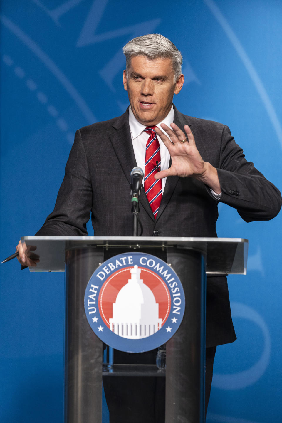 Utah Rep. Phil Lyman speaks during Utah's gubernatorial GOP primary debate on Tuesday, June 11, 2024, in Salt Lake City. (Isaac Hale/The Deseret News via AP, Pool)