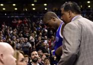 <p>Toronto Raptors forward Serge Ibaka (9) walks away after being ejected for throwing punches in a scuffle with Chicago Bulls center Robin Lopez (not seen) during second half NBA basketball action, in Toronto on Tuesday, March 21, 2017. THE CANADIAN PRESS/Frank Gunn </p>