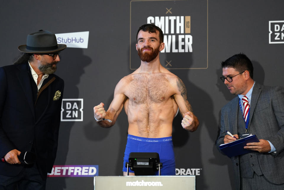 <p>Luke Willis during a public weigh-in at the Hilton Liverpool City Centre, UK. Picture date: Friday October 8, 2021.</p>
