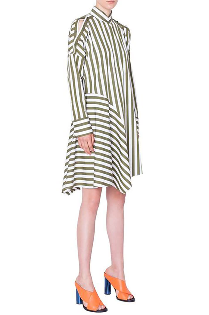 Who said stripes had to go in one direction only? <em>Akris Punto cold-shoulder asymmetric dress, $895 at <a href="https://www.neimanmarcus.com/p/akris-punto-striped-cold-shoulder-asymmetric-shirtdress-prod214610025" rel="nofollow noopener" target="_blank" data-ylk="slk:Neiman Marcus;elm:context_link;itc:0;sec:content-canvas" class="link ">Neiman Marcus</a></em>