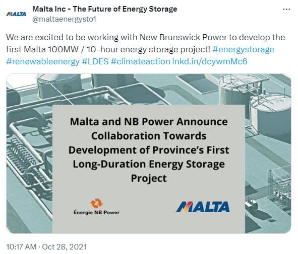 Malta announced its partnership with NB Power on Twitter (now X) in 2021.  No similar announcements were made when the relationship eventually fizzled. 