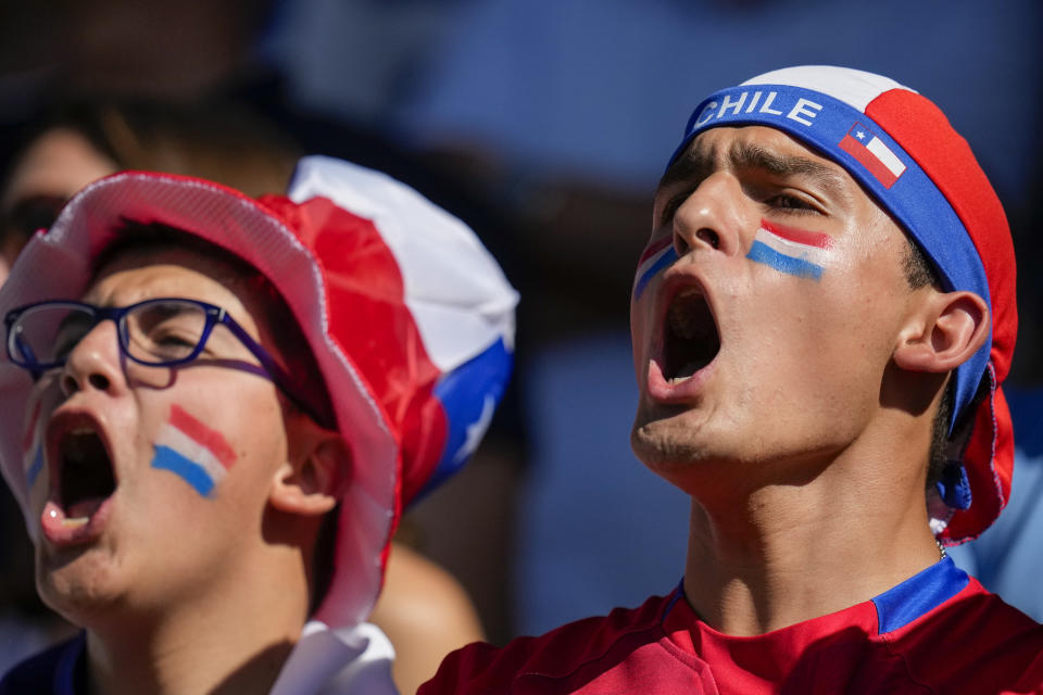 Fans sing Chile's national anthem prior to a Rugby World Cup Pool D match between Argentina and Chile at the Stade de la Beaujoire in Nantes, France, Saturday, Sept. 30, 2023. (AP Photo/Themba Hadebe)