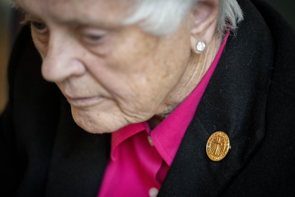 Sister Sheila Brosnan, a member of the leadership council of the Sisters of Charity, wears a pin signifying her membership to the group as she participates in a group interview with her colleagues, at the College of Mount Saint Vincent, a private Catholic college in the Bronx borough of New York, on Tuesday, May 2, 2023. In more than 200 years of service, the Sisters of Charity of New York have cared for orphans, taught children, nursed the Civil War wounded and joined Civil Rights demonstrations. Last week, the Catholic nuns decided that it will no longer accept new members in the United States and will accept the "path of completion." (AP Photo/John Minchillo)