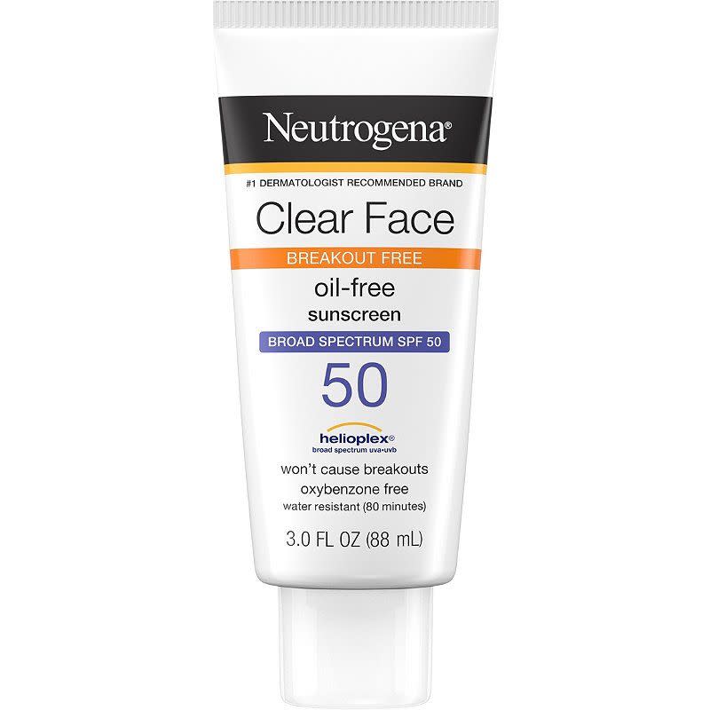 <p><a href="https://www.amazon.com/Neutrogena-Acne-Prone-Protection-Oxybenzone-Free-Non-Comedogenic/dp/B08L88LZ4V?tag=syn-yahoo-20&ascsubtag=%5Bartid%7C10056.g.36145006%5Bsrc%7Cyahoo-us" rel="nofollow noopener" target="_blank" data-ylk="slk:Shop Now;elm:context_link;itc:0;sec:content-canvas" class="link ">Shop Now</a></p><p>Clear Face Oil-Free Sunscreen SPF 50</p><p>$10.07</p><span class="copyright">Amazon</span>