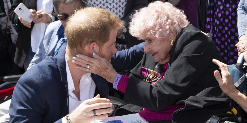 <p>Prince Harry meets his <a rel="nofollow noopener" href="https://www.harpersbazaar.com/celebrity/latest/a23832802/prince-harry-meghan-markle-daphne-dunne-reunion-australia/" target="_blank" data-ylk="slk:98-year-old superfan;elm:context_link;itc:0;sec:content-canvas" class="link ">98-year-old superfan</a>.</p>