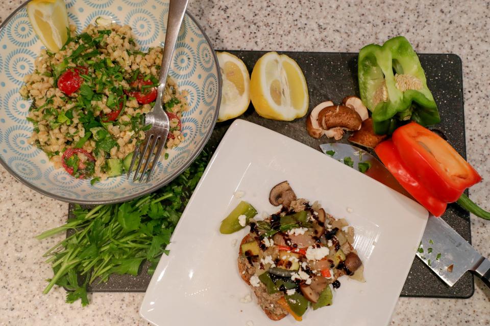 Anna Jones prepared a lemony mediterranean Farro salad with fresh herbs and an open-faced roasted vegetable sandwich with two bean hummus to demonstrate a healthy meal to help prevent stroke.