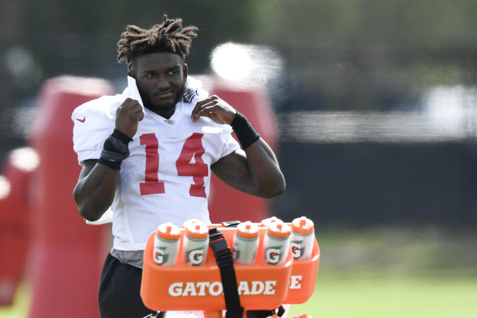 Chris Godwin near the Gatorade bottles at practice. 