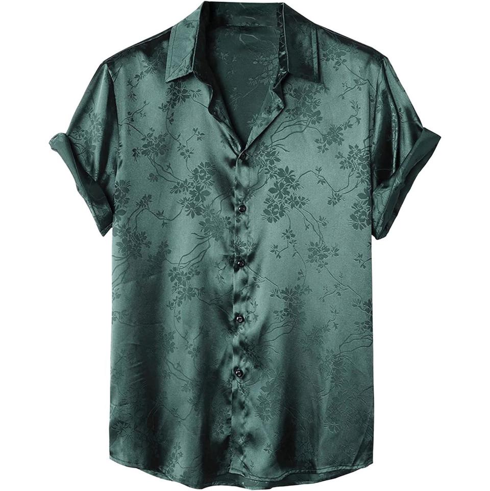 Men's Short Sleeve Button Down Shirt - Dark Green Floral