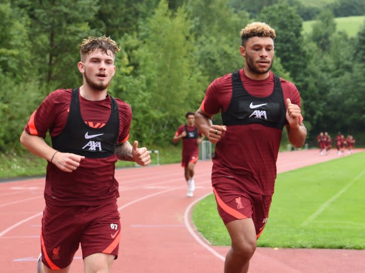 Front two: Harvey Elliott, left, and Alex Oxlade-Chamberlain (Liverpool FC/Getty)