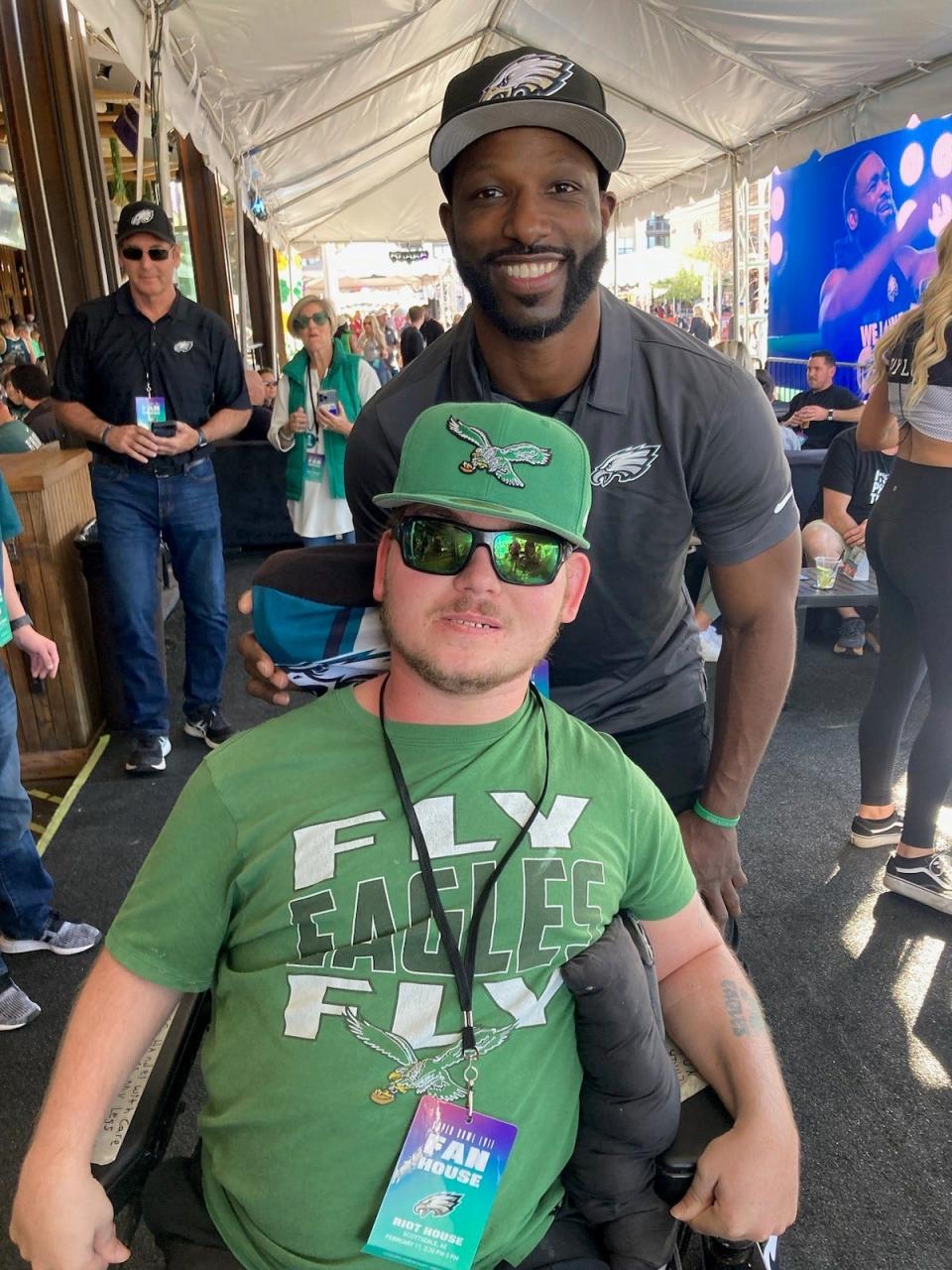 Austin Lauer (bottom) with former Philadelphia Eagles wide receiver Jason Avant at the Eagles' VIP tailgate party prior to Super Bowl LVII in Arizona.