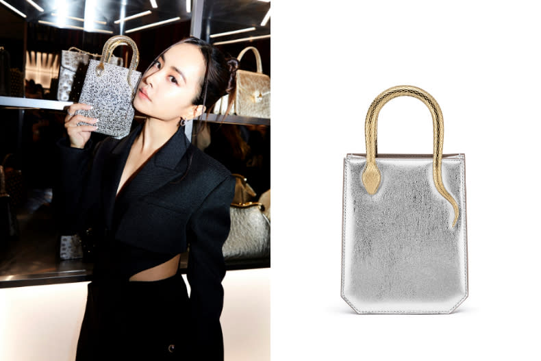 ▲BVLGARI Serpentine Vertical Tote小牛皮托特包(右)，NT.102,900