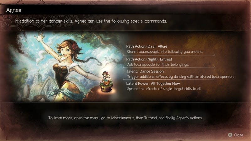 Agnea's character profile is shown, breaking down her talents and powers.