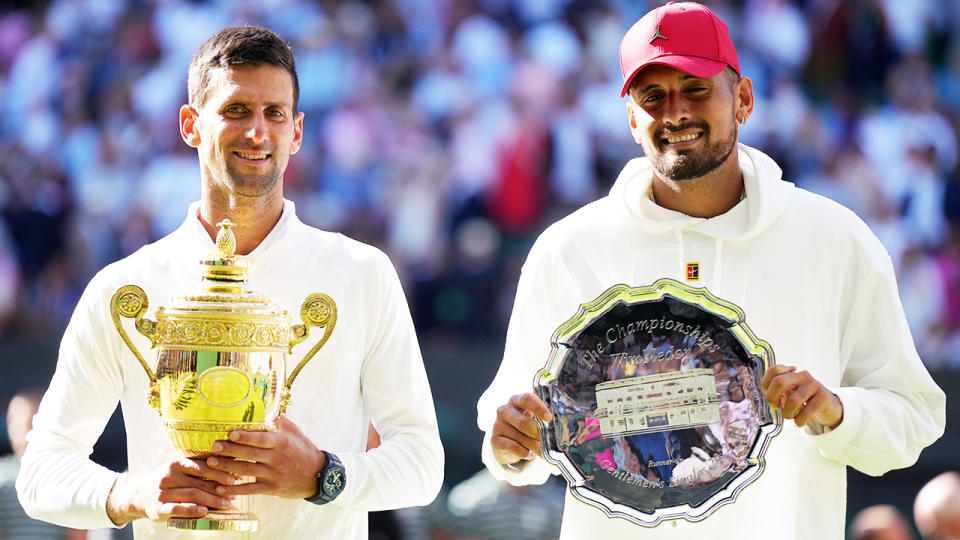 Novak Djokovic and Nick Kyrgios, pictured here with their trophies after the Wimbledon final.