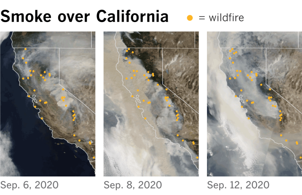 Satellite images show the smoke plumes that rose above California on Sept. 6 and blanketed the state by the 12th.