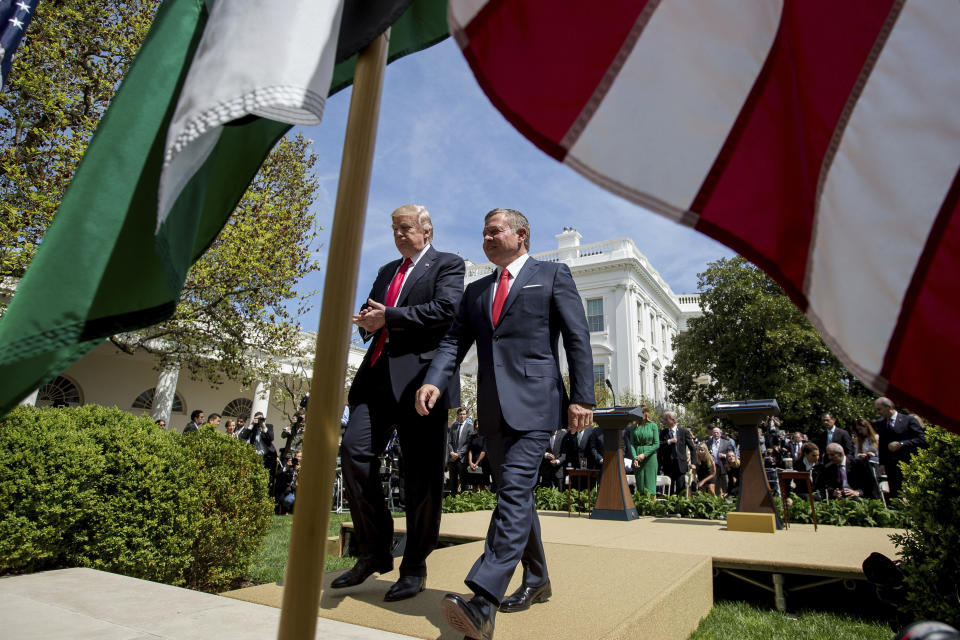 President Donald Trump and Jordan's King Abdullah II leave their news conference in the Rose Garden of the White House in Washington, Wednesday, April 5, 2017. (AP Photo/Andrew Harnik)