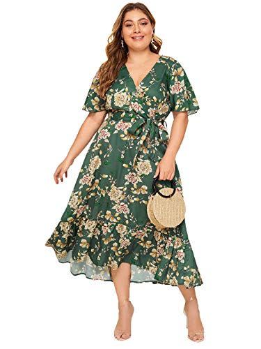 SHEIN Plus Asymmetric Ruffle Hem Botanical Wrap Dress  Plus size summer  dresses, Plus size long dresses, Trending dresses