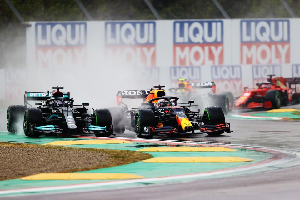 Max Verstappen ovetakes Lewis Hamilton at Imola (Getty Images)