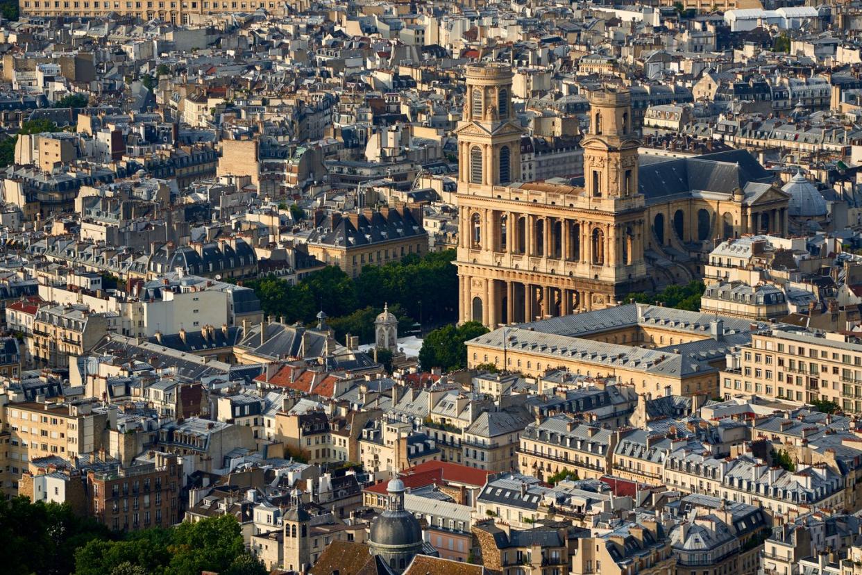 aerial view on saint sulpice church and paris rooftops 6th arrondissment, paris, france
