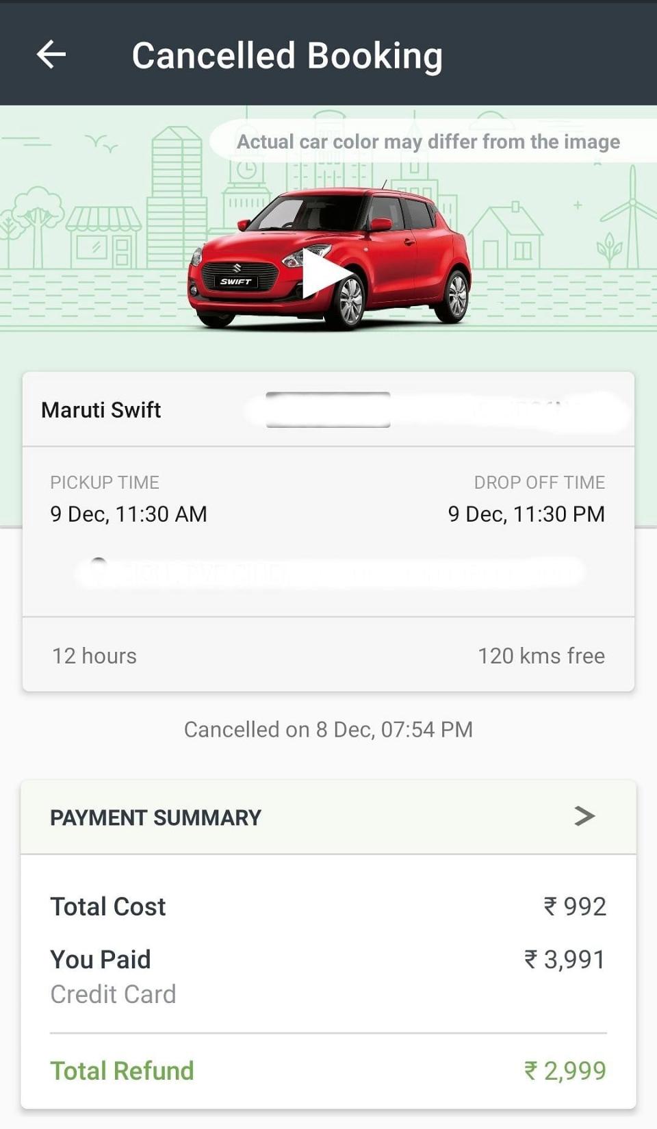 Zoomcar Booking made for 9 December.