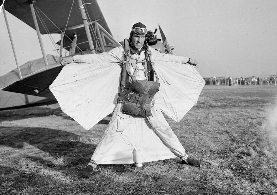 Clem Sohn, in his batwing parachute, with which he made a 10,000-foot descent at the Women's Championship Air Races at Long Beach, Calif., Nov. 10, 1935. When he reached less than 1,000 feet from the ground, Sohn broke his fall with a regulation parachute.