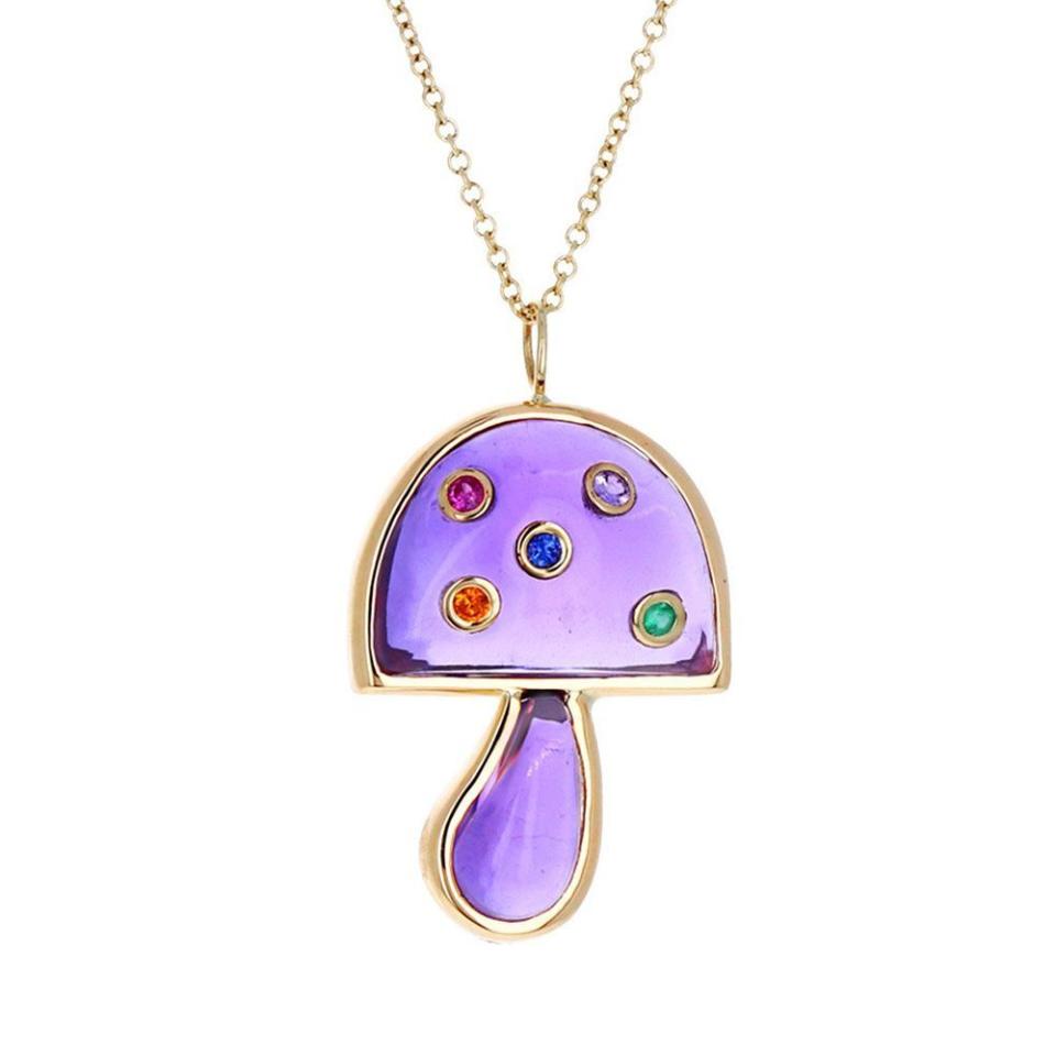 Amethyst and Sapphire Mini Mushroom Pendant Necklace