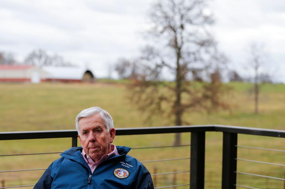 Missouri Governor Mike Parson reflects on his time in office and what he plans to do after he leaves office during an interview at his farm near Bolivar on Thursday, Nov. 16, 2023.