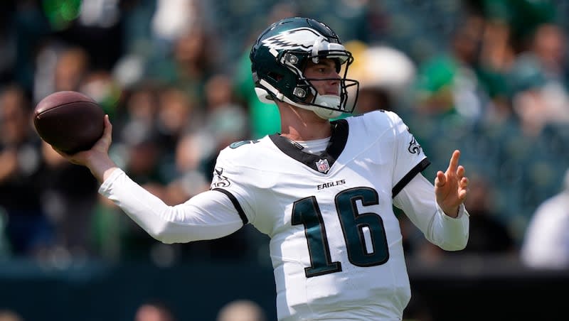 Philadelphia Eagles quarterback Tanner McKee warms up before an NFL preseason game against the Minnesota Vikings, Saturday, Aug. 24, 2024, in Philadelphia. (AP Photo/Matt Slocum)