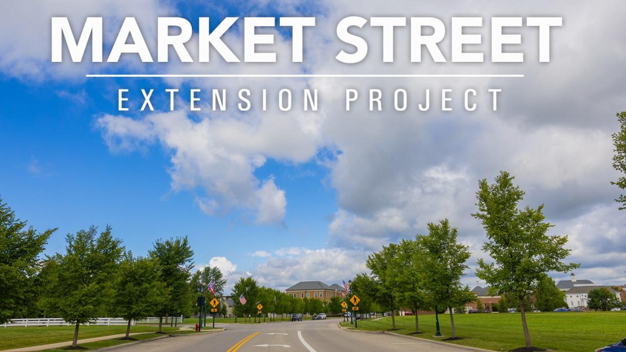 The cover photo of the Market Street Extension Project in New Albany features a view of the current Market Street looking west from Reynoldsburg-New Albany Road toward the roundabout at Main Street.