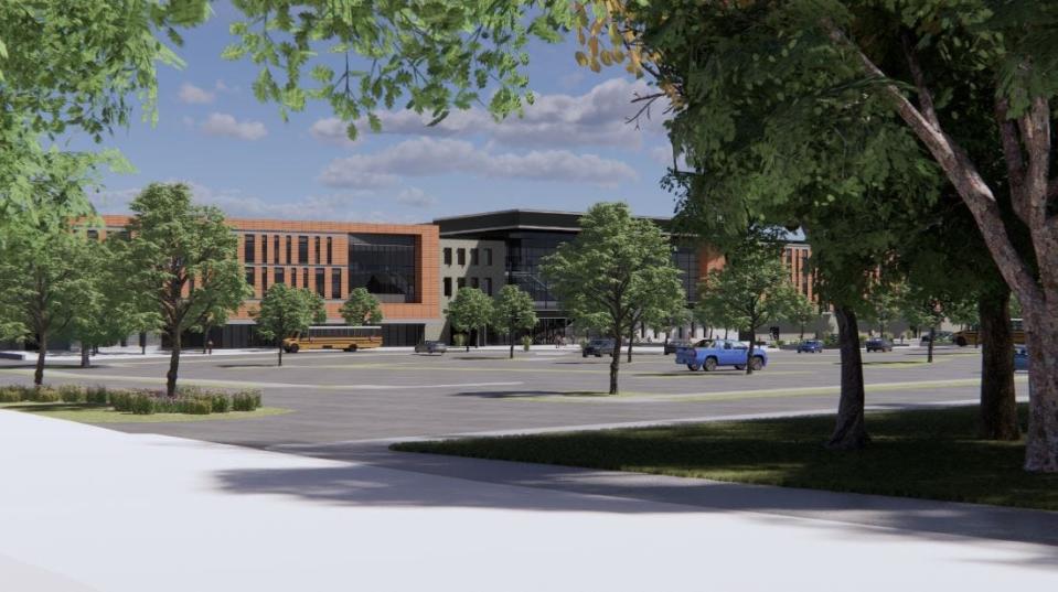 A rendering shows the view of the proposed new Diman Regional Vocational Technical High School from Locust Street in Fall River.
