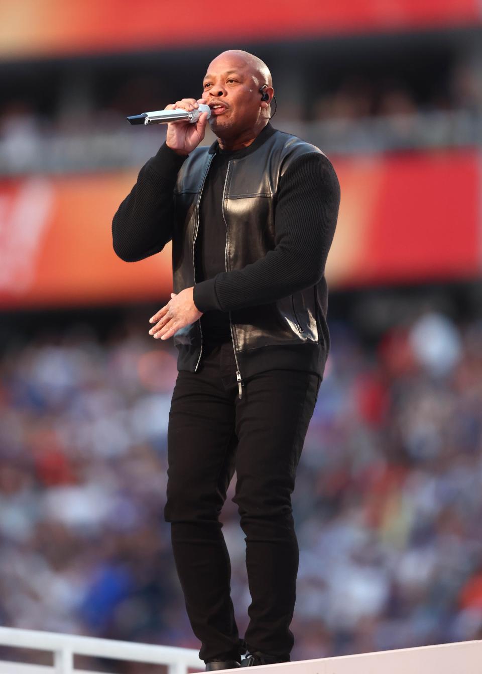 Feb 13, 2022; Inglewood, CA, USA; Dr. Dre performs during the halftime show for Super Bowl LVI between the Los Angeles Rams and the Cincinnati Bengals at SoFi Stadium. Mandatory Credit: Mark J. Rebilas-USA TODAY Sports