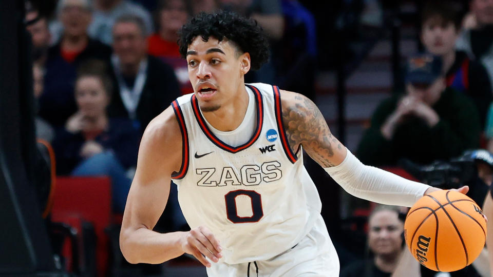 Gonzaga guard Julian Strawther handles the ball against Memphis during the second round of the NCAA men's tournament on March 19, 2022, in Portland, Oregon. (AP Photo/Craig Mitchelldyer)