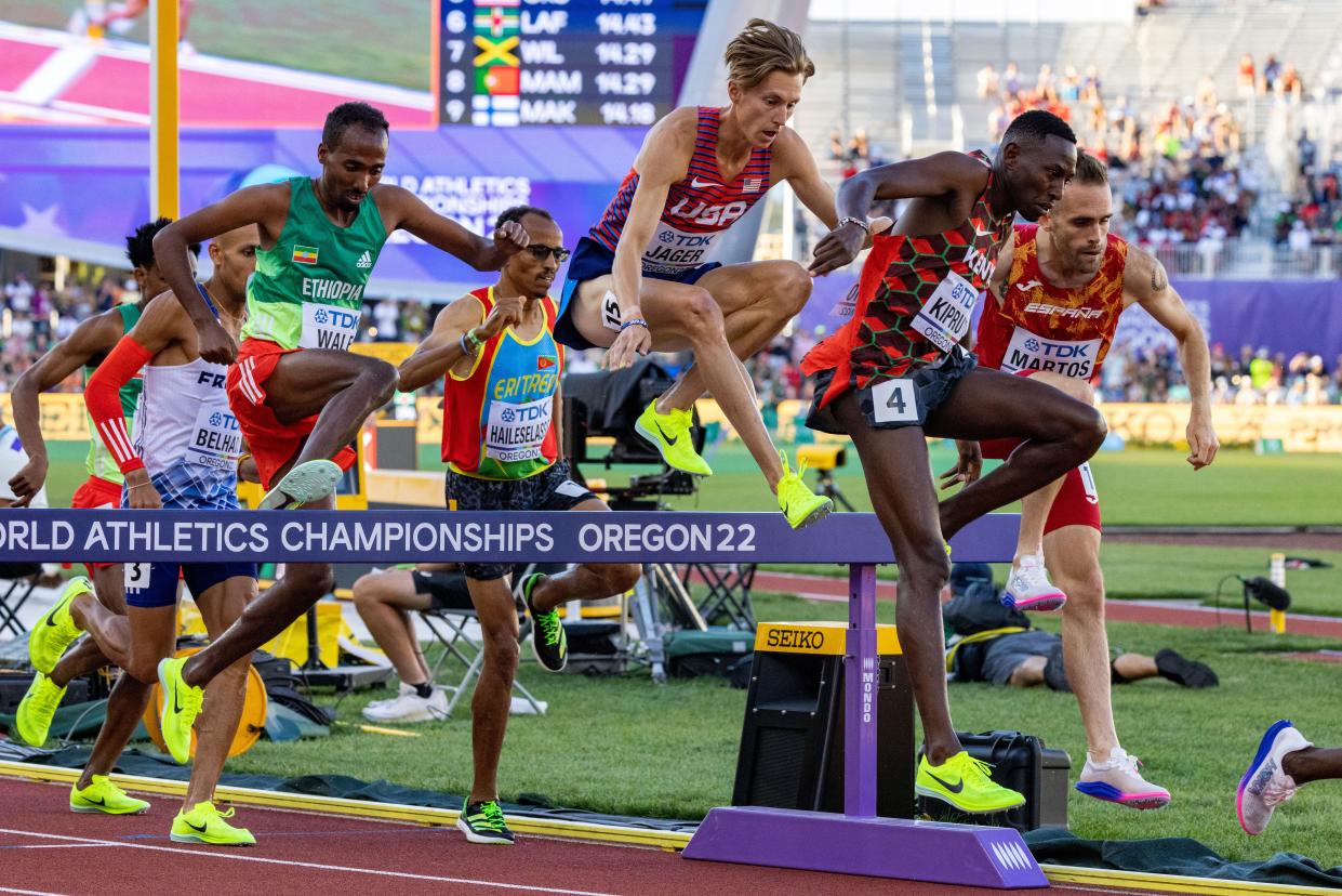 USA’s Evan Jager cleared the barrier in men’s 3,000 meter steeplechase. He finished sixth in the competition in 8:29.08 during day four of the World Athletics Championships at Hayward Field in Eugene, Ore., on Monday, July 18, 2022.