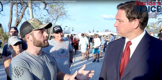 Florida Gov. Ron DeSantis (right) being interviewed by Brendon Leslie, founder of the far-right website Florida’s Voice. (Photo: via Florida's Voice)
