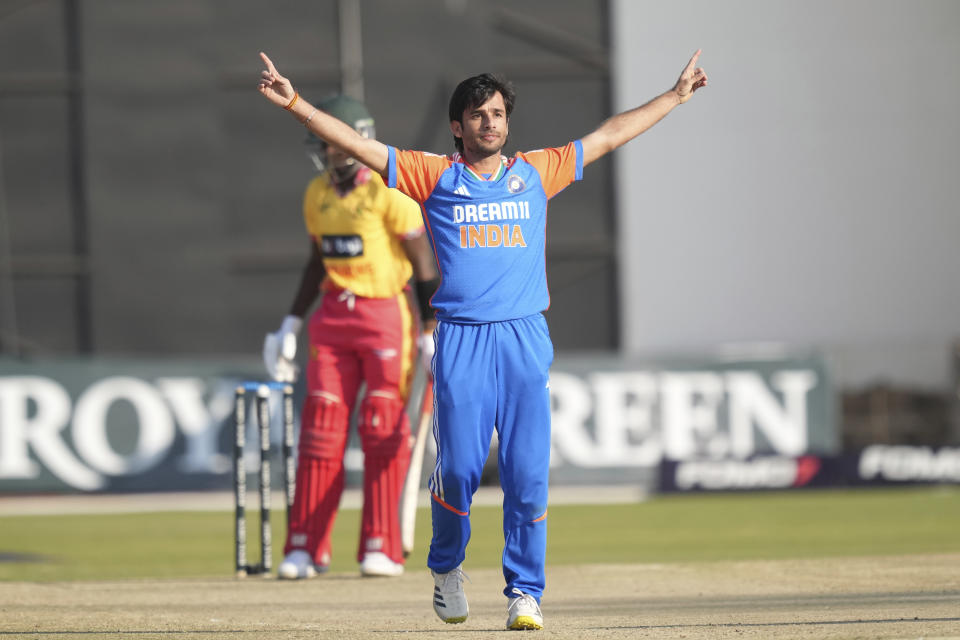 Indian bowler Ravi Bishnoi celebrates a wicket during the T20 cricket between Zimbabwe and India at Harare Sports club, Harare, Sunday, July 7, 2024. (AP Photo/Tsvangirayi Mukwazhi)