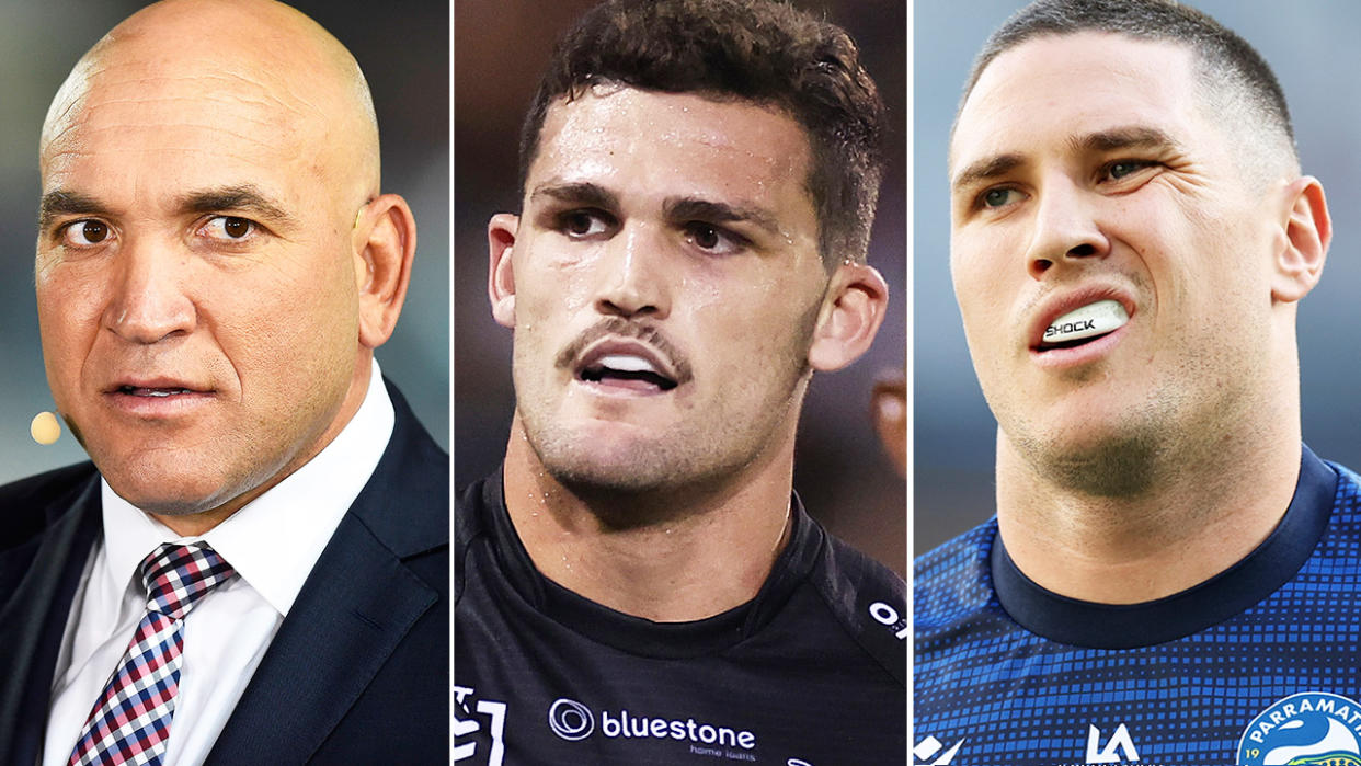 Gorden Tallis, pictured here alongside Mitchell Moses and Nathan Cleary.