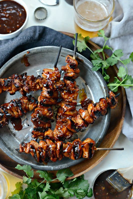 <p>Simply Scratch</p><p>Grilled sticky sweet chicken skewers are just that- sticky and deliciously sweet! Cubed chicken breast, tossed in a ginger-garlic sauce and then threaded onto skewers and grilled.</p><p><strong>Get the recipe: <a href="https://www.simplyscratch.com/grilled-sticky-sweet-chicken-skewers" rel="nofollow noopener" target="_blank" data-ylk="slk:Grilled Sticky Sweet Chicken Skewers;elm:context_link;itc:0;sec:content-canvas" class="link "><em>Grilled Sticky Sweet Chicken Skewers</em></a></strong></p>