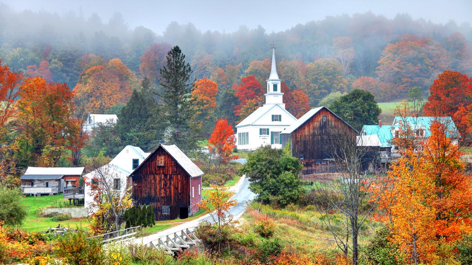 Peak autumn foliage near rural Waits River in Vermont.