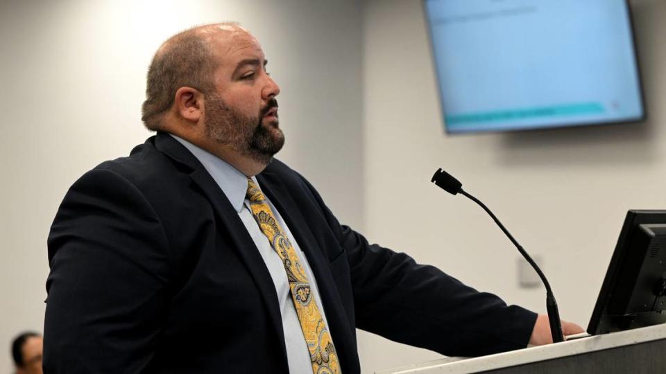 Chad Choate of the School District of Manatee presents during a special Manatee County Commission meeting Tuesday, April 16, 2024 on the impacts of illegal immigration in the county.