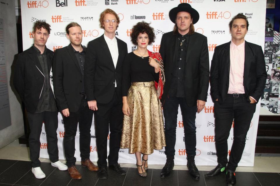 Butler (second from right) with his bandmates (L-R) Arcade Fire’s Jeremy Gara, Tim Kingsbury, Richard Reed Parry, Regine Chassagne and Will Butler (Tommaso Boddi/Getty Images)