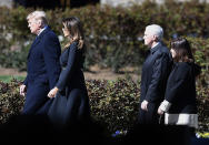 <p>President Donald Trump and First lady Melania Trump, left, and Vice President Mike Pence, and wife Karen Pence arrive ahead of a funeral service at the Billy Graham Library for the Rev. Billy Graham, who died last week at age 99, Friday, March 2, 2018, in Charlotte, N.C. (Photo: Mike Stewart/AP) </p>