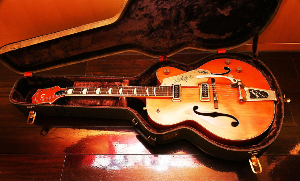 Randy Bachman's stolen guitar, a pumpkin orange 1957 Gretsch 6120, is seen backstage at the Independence Day Celebration Live at the Tokyo American Club, July 2, 2022 in Tokyo, Japan. / Credit: Jun Sato/WireImage/Getty