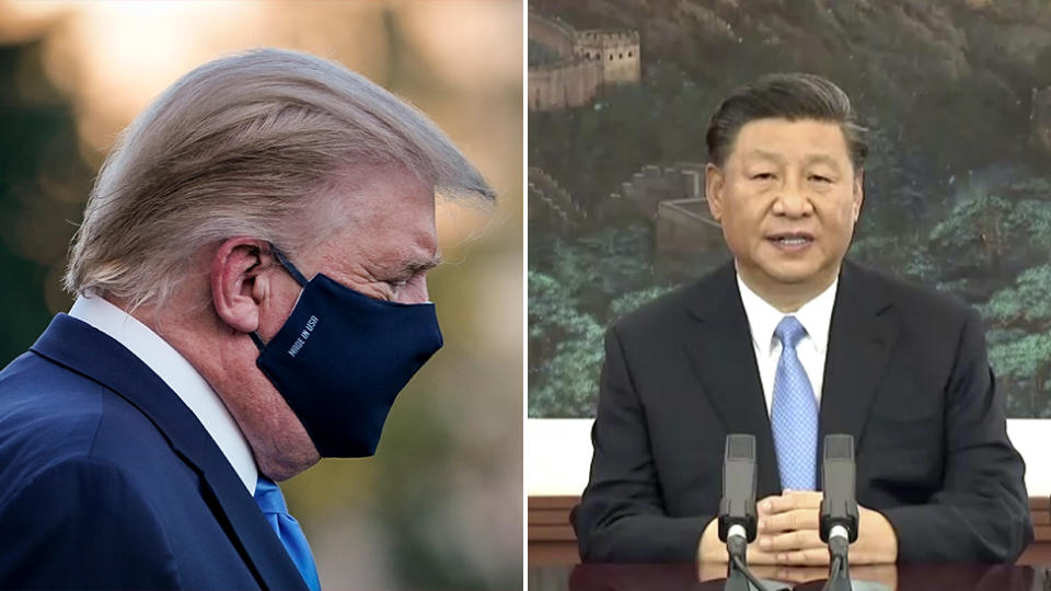 Chinese President Xi Jinping is pictured right and US President Donald Trump is seen left wearing a mask.