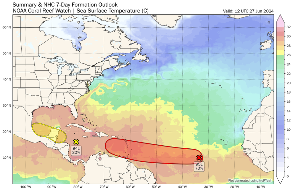 This map shows how the tropical wave in the Atlantic is swirling in a patch of warmer water, and the potential path ahead of it is all warmer than average sea surface temperatures.