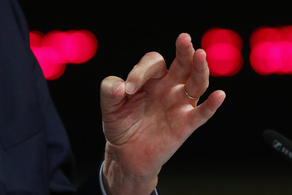 European Union's chief Brexit negotiator Michel Barnier gestures while speaking during a media conference, following the third round of Brexit talks between the EU and Britain, at EU headquarters in Brussels, Friday, May 15, 2020. Talks between the European Union and the United Kingdom on their future relationship in the wake of Brexit have ground to a near-standstill despite the urgency for progress before a summit next month.(Francois Lenoir, Pool Photo via AP)