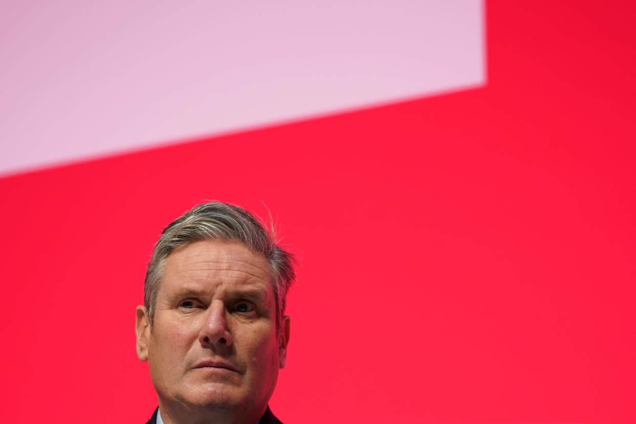 LIVERPOOL, ENGLAND - OCTOBER 08: Labour party leader, Sir Keir Starmer, listens as Deputy Leader, Shadow Deputy Prime Minister and Shadow Secretary of State for Levelling Up, Housing and Communities Angela Rayner MP addresses delegates during day one of the annual Labour party conference on October 08, 2023 in Liverpool, England. The Labour Party go into their 2023 conference with a 19-point lead over the ruling Conservative Party and fresh from a definitive win in the Rutherglen and Hamilton by-election in Scotland. (Photo by Ian Forsyth/Getty Images)