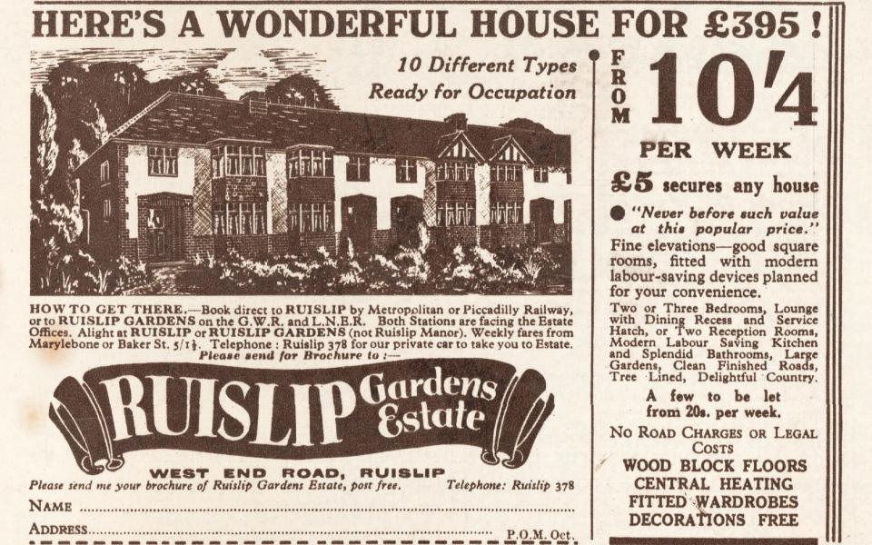 A 1935 magazine advert for house in Ruislip, a town accessible by the Metropolitan line