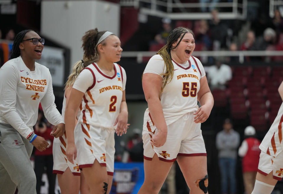 Iowa State's Audi Crooks (55) put up a historic performance against Maryland in the first round of the NCAA tournament on Friday in Palo Alto, California. (Photo by John Todd/NCAA Photos via Getty Images)